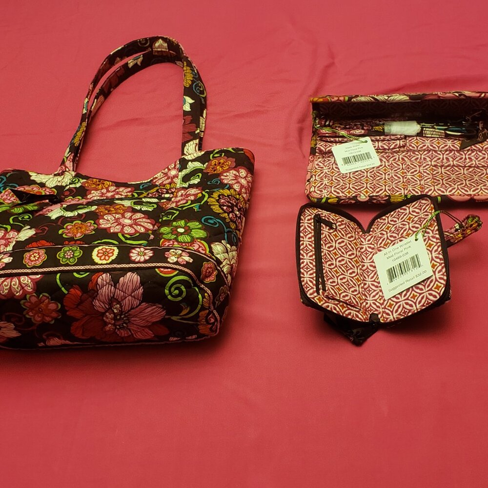 Brand New Vera Bradley Mod Floral Pink Tote w/ Wallet & Wristlet Set - Picture 7 of 11